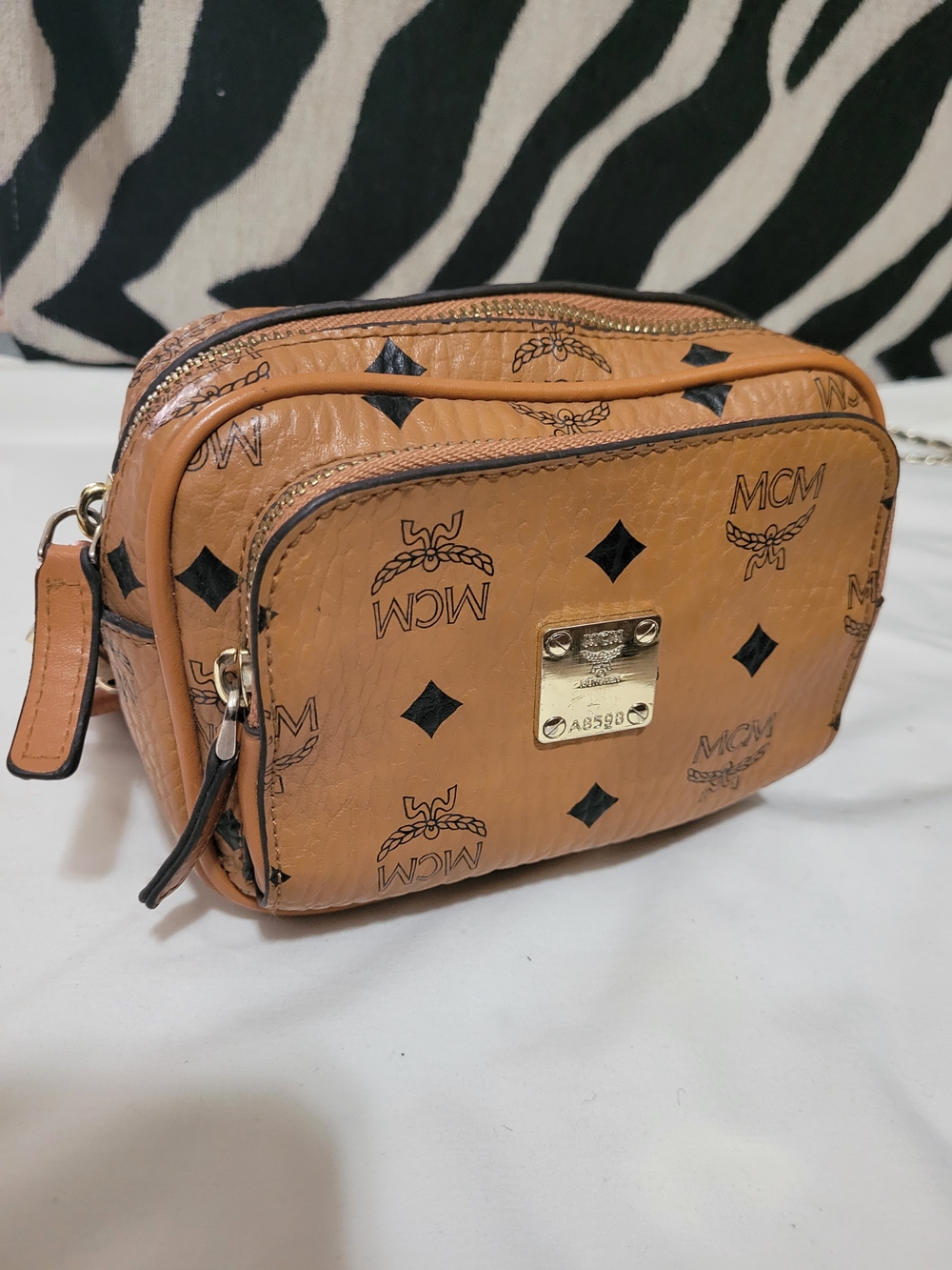 MCM Cognac Logo Visetos Crossbody with Silver Plate...A8598